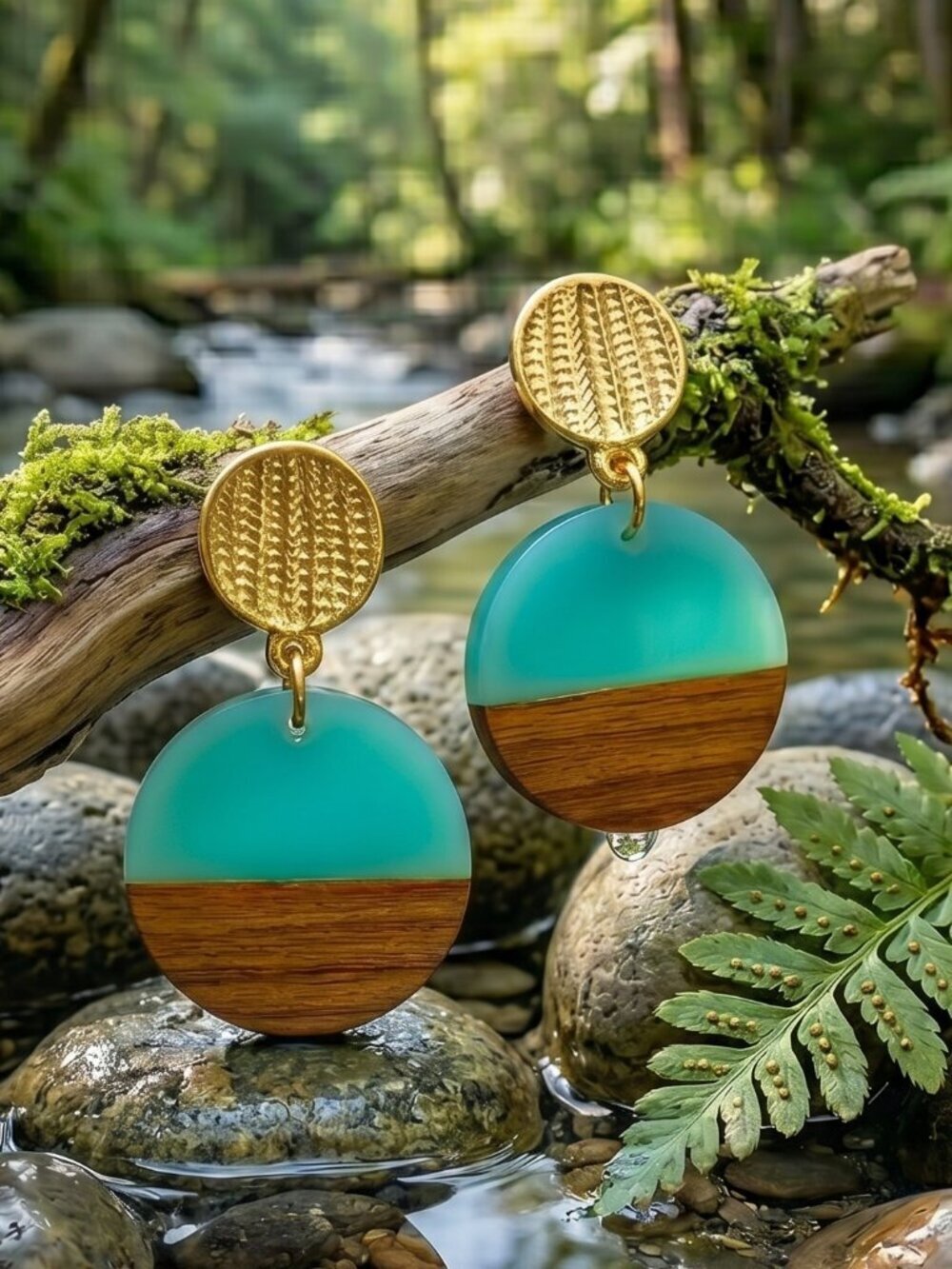 Turquoise Color Resin and Wood Drop Earrings Bohemian Naturecore Gold Stud 2in